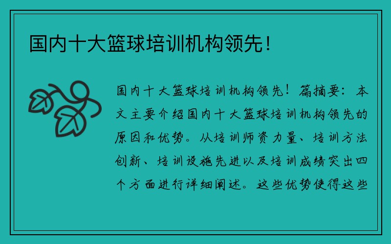 国内十大篮球培训机构领先！